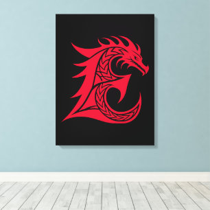 Toile Lettre E de style dragon, alphabet du dragon, mono