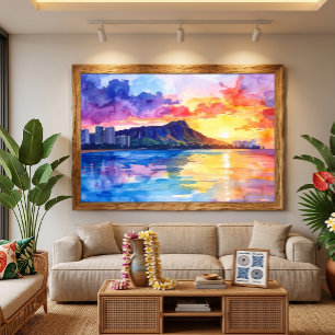 Toile Lever de soleil à Waikiki Diamond Head aquarelle H