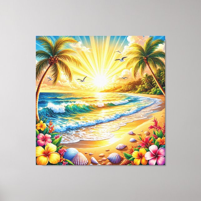 Toile Lever de soleil sur une plage tropicale avec des p (Recto)
