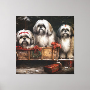 Toile Lhasa Apso Traîneau enneigé Décor de Noël