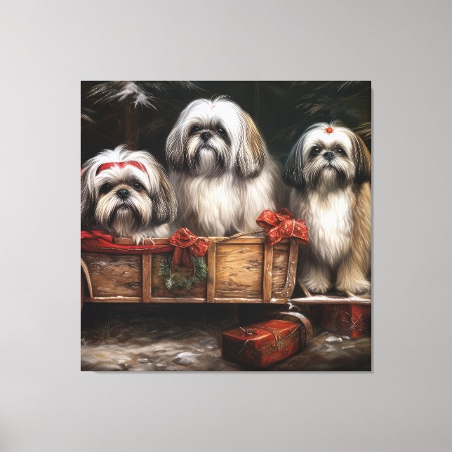 Toile Lhasa Apso Traîneau enneigé Décor de Noël (Recto)