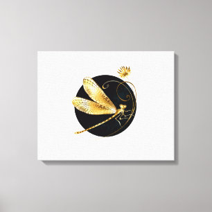 Toile libellule d'or en cercle noir