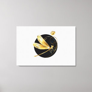 Toile libellule d'or en cercle noir
