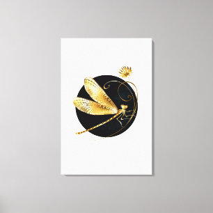 Toile libellule d'or en cercle noir