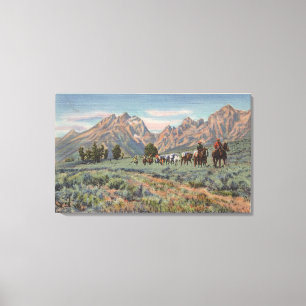 Toile L'Idaho - vue des hommes à cheval sur Teton Mts.
