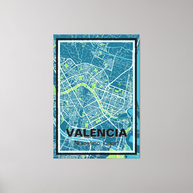 Toile Lienzo mapa minimalista Valencia - Azul-Verde (Recto)