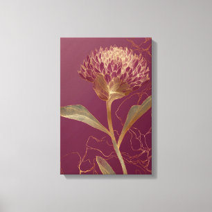 Toile Ligne botanique de fleurs en or rouge foncé