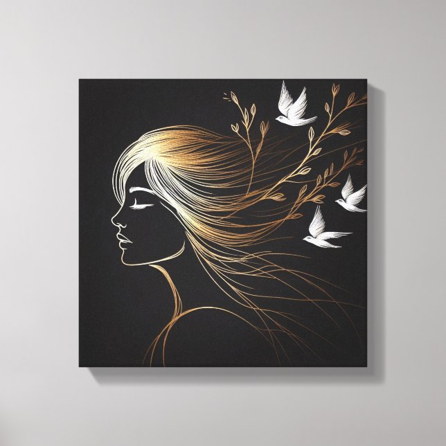 Toile Ligne Féminine avec Oiseaux et Branches en Or (Recto)