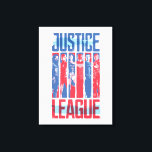 Toile Ligue de Justice | Blue & Red Group Pop Art<br><div class="desc">Ce graphique patriotique de la Ligue de la Justice est peint en bleu et en rouge,  les membres de la Ligue ont posé en alternance des bandes de couleurs entre le logo du film de la Ligue de la Justice.</div>
