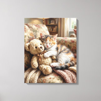 Toile Lindo Gatito Durmiendo con Oso de Peluche