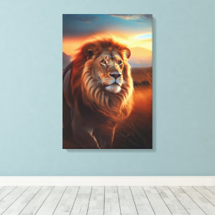 Toile Lion africain majestueux au coucher du soleil dans