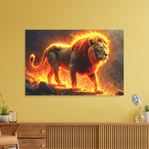 Toile Lion de flammes brûlant volcan feu imaginaire art