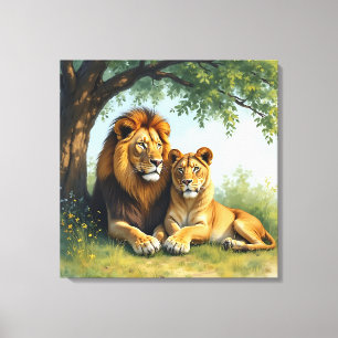 Toile Lion et lionne sous un arbre