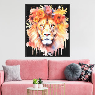 Toile Lion Pastel Fleurs Safari Aquarelle Savannah Chat