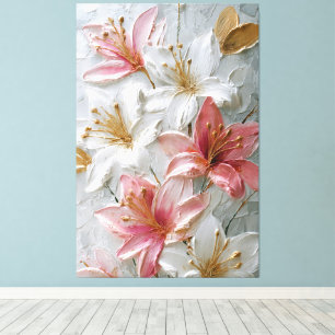 Toile Lis blancs et roses avec texture dorée abstraite 