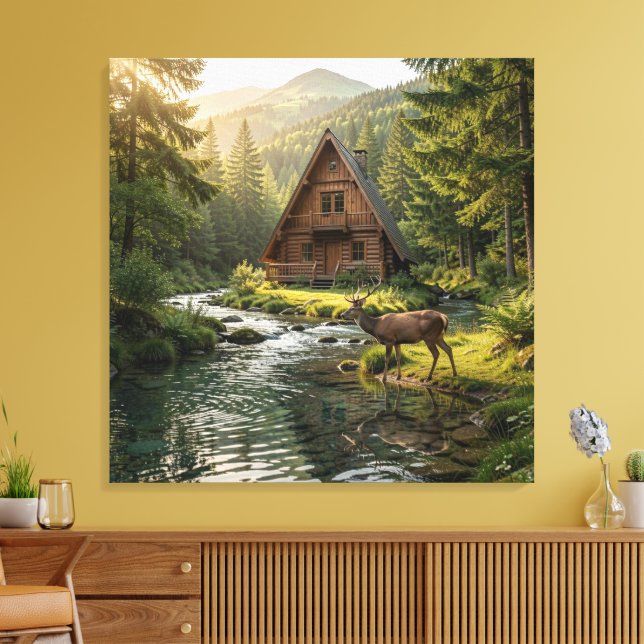 Toile Log Cabin, Stream, Mountains and Deer Nature Art (Insitu(Salon))