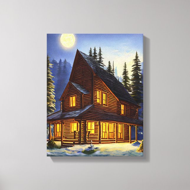 Toile Log Cabine Dans Les Bois Paysage Neige Art (Recto)