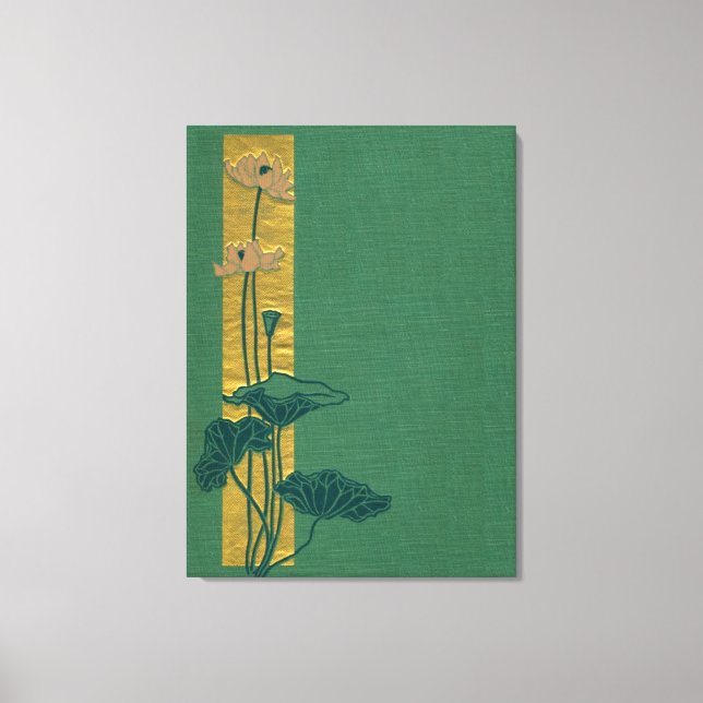 Toile Lotus rose sur lin vert - couverture vintage (Recto)