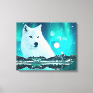 Toile Loup arctique et nuit magique avec aurores boréale