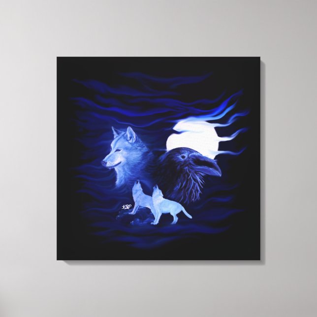Toile Loup et corbeau avec pleine lune (Recto)