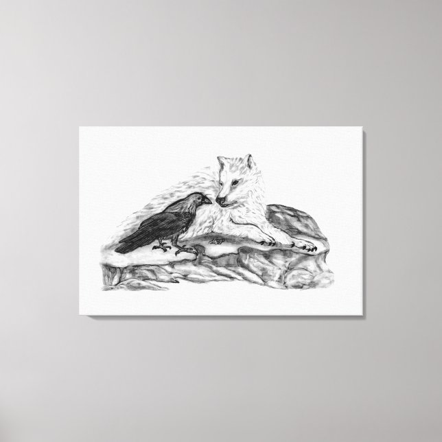 Toile Loup et corbeau - Design noir et blanc (Recto)