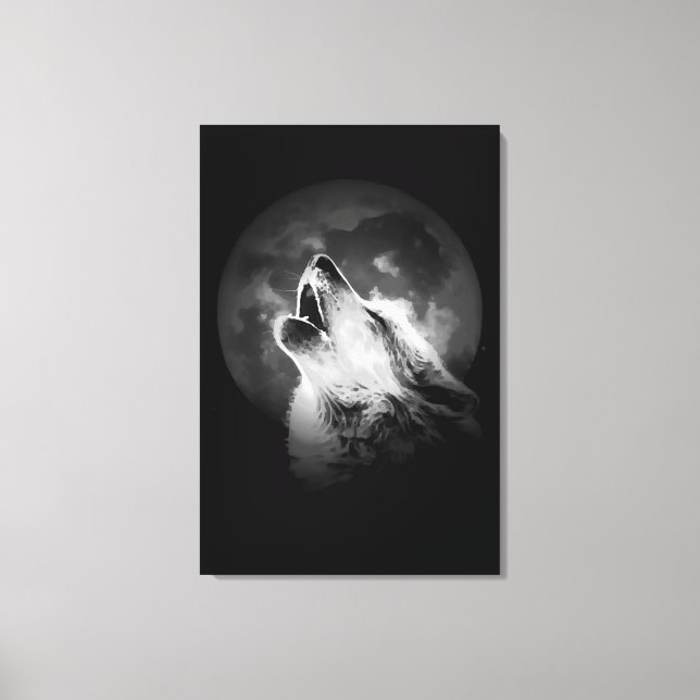 Toile Loup hurlant noir et blanc & Lune (Recto)