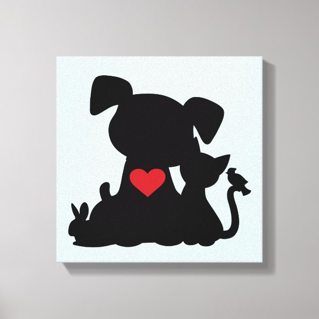 Toile Love Chiot et Kitten Silhouette Bleu (Recto)