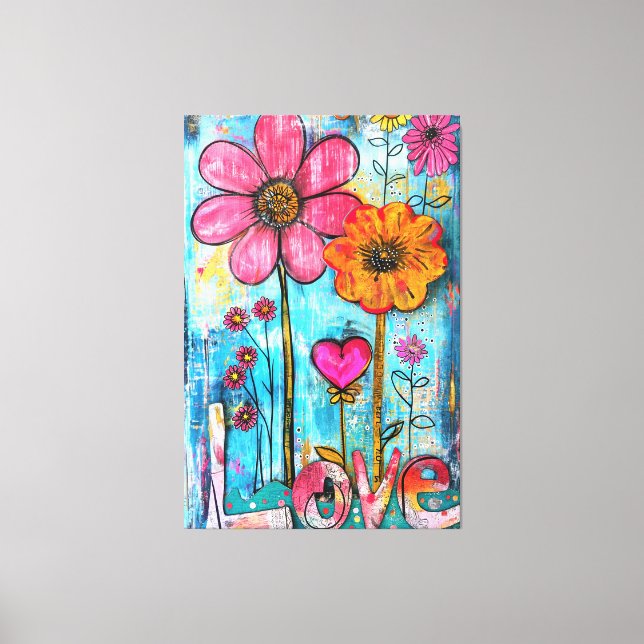 Toile *~* LOVE Doodle – Colorful Whimsical Flower Art  (Recto)