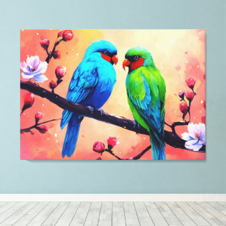Toile Lovebirds parmi les fleurs