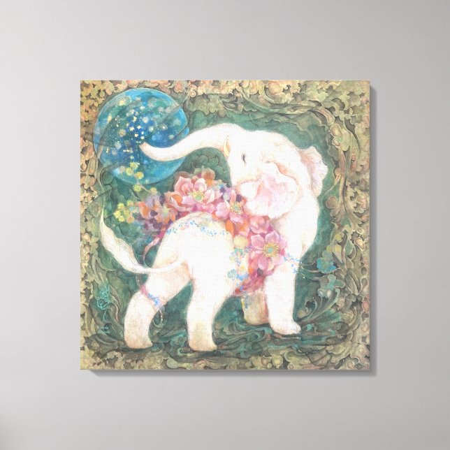 Toile Lucky White Elephant: Japanese Nihonga Art (Recto)