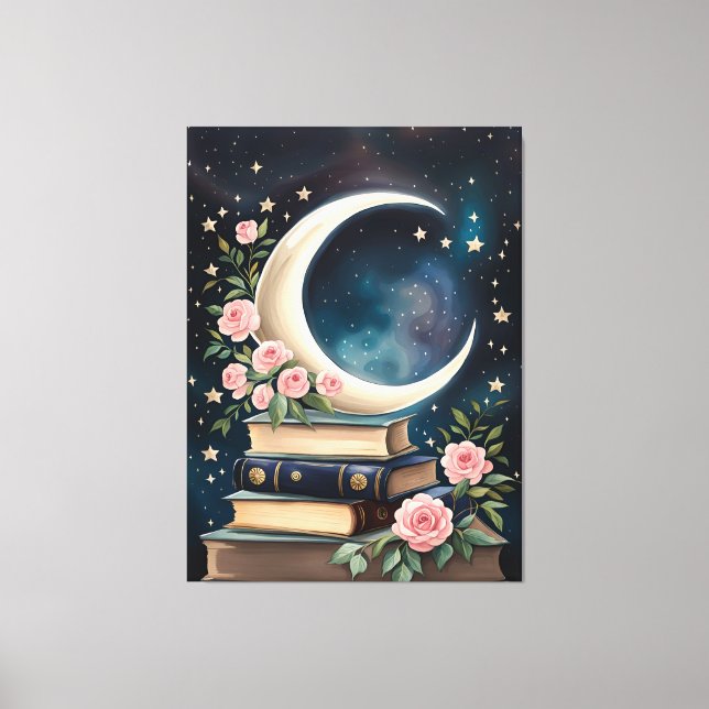 Toile Lune, Étoiles, Roses et livres (Recto)