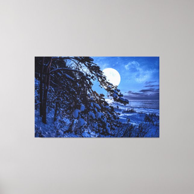Toile Lune sur le sapin enneigé et la côte de la mer la  (Recto)