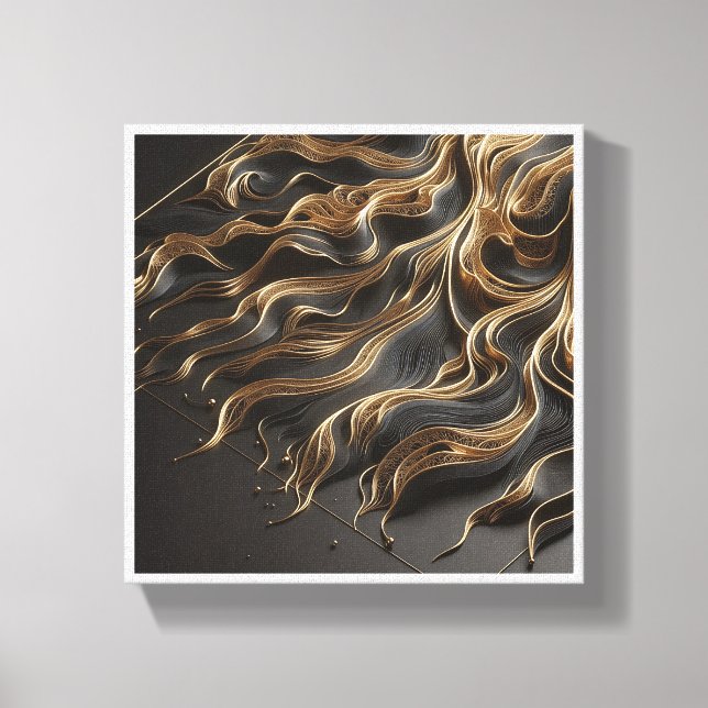 Toile Luxury Black and Gold Filigree Waves - Elegant 3D  (Recto)
