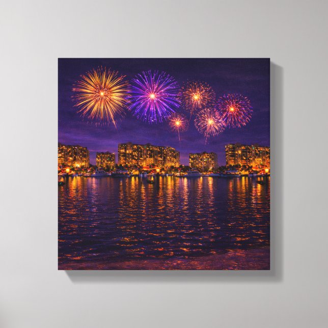 Toile Luxury Waterfront Fireworks Night Canvas Wall Art  (Recto)