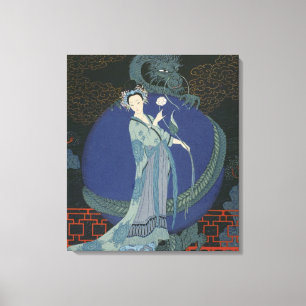 Toile Madame avec un dragon (litho de couleur)