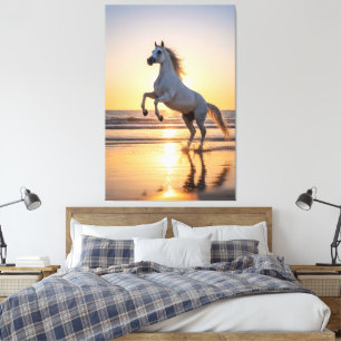 Toile Magnifique cheval arabe blanc sur la plage au couc