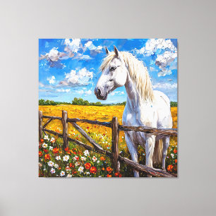 Toile Magnifique cheval blanc debout près d'une clôture 