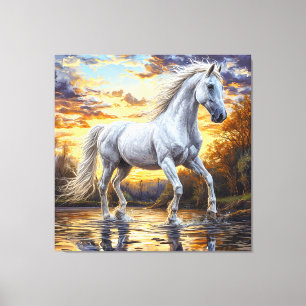Toile Magnifique cheval blanc galopant dans l'eau