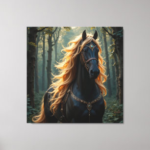 Toile Magnifique cheval noir à la crinière flottante