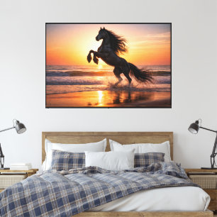 Toile Magnifique cheval noir frison coucher de soleil oc