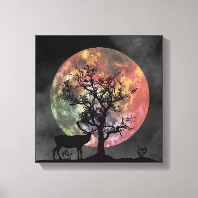 Toile Magnifique Pleine lune Elk Silhouette Canvas Mur A (Recto)