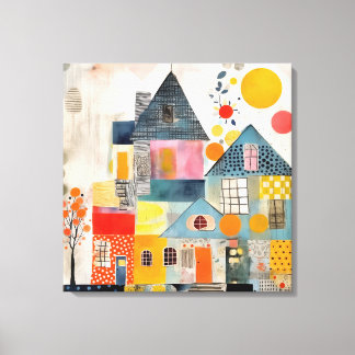 Toile Maison en collage de pièces et de textures