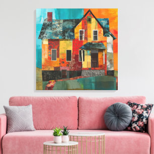 Toile Maison en collage de pièces et de textures