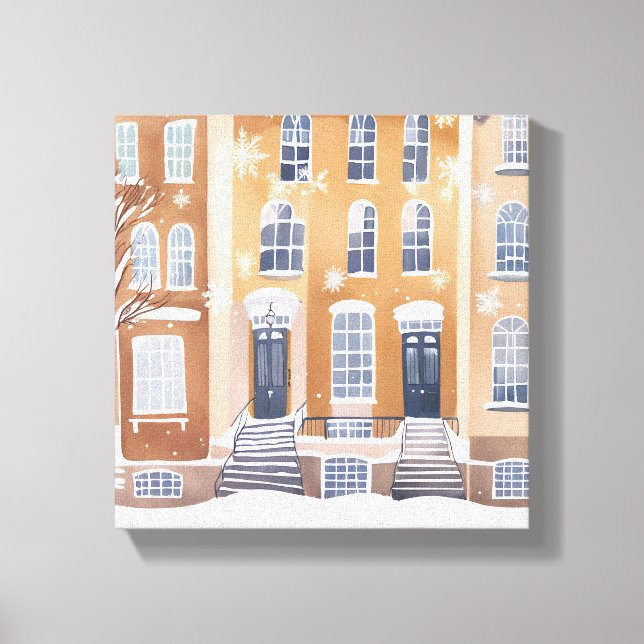 Toile Maisons en grès brun | Rue de ville enneigée aquar (Recto)