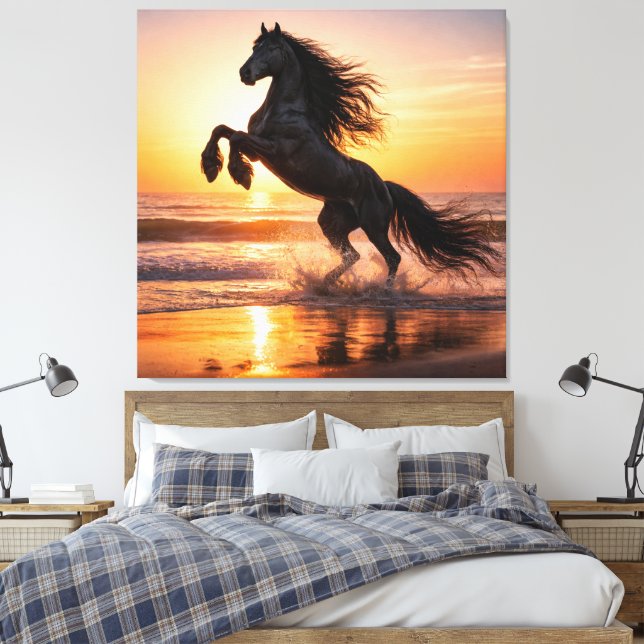 Toile Majestic Black Friesian Horse Sunset Ocean  (Insitu(Chambre))