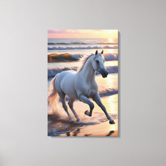 Toile Majestic White Horse Galloping by the Ocean Waves
