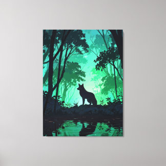 Toile Majestic Wolf Silhouette in Mystical Green Forest