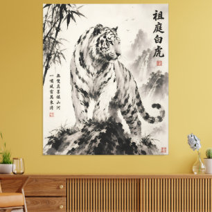 Toile Majestueux Tigre Blanc Debout Sumi-e Traditionne