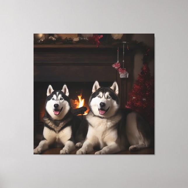 Toile Malamute d'Alaska au coin de la cheminée de Noël (Recto)