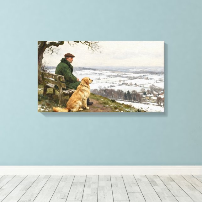 Toile Man and Dog Enjoying Winter Countryside Vista (Insitu (Plancher de Bois))